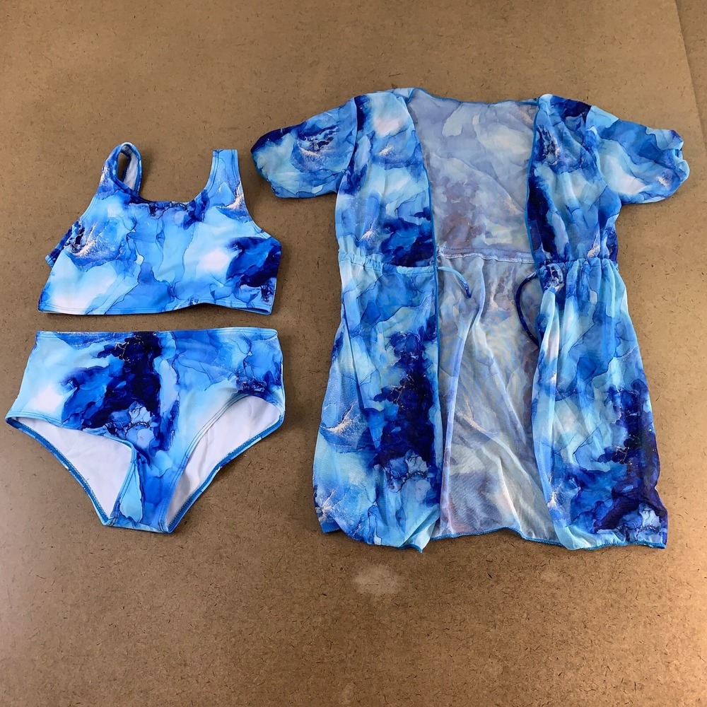 Milumia Girls Size 10 Blue Marbled 3 Piece Kimono Cover Bikini Swim Set New